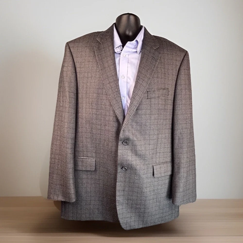 Vintage Blazer Sport Coat Jacket Izod Wool 48L Blue Gray Brown Plaid Houndstooth